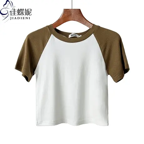 夏季新款圆领撞色拼接纯棉短款纯欲辣妹性感短袖体恤上衣女打底衫商品大图