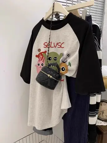 复古插肩袖t恤女胖mm大码遮肚纯棉潮ins夏季韩系卡通减龄短袖上衣商品大图