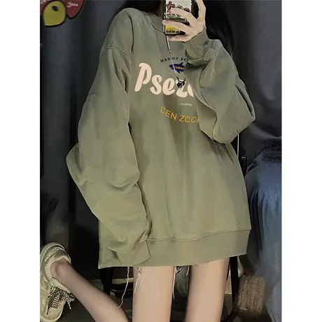 美式复古绿色卫衣女2022新款秋冬加绒ins潮牌大码慵懒风外套上衣商品大图