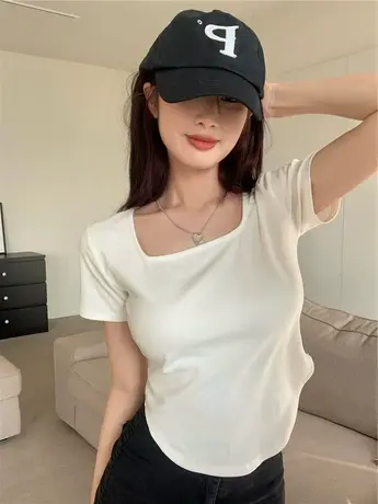 甜辣妹别致短款上衣服女设计感小众夏季2024新款修身短袖T恤ins潮商品大图