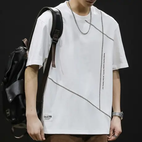 重磅短袖t恤男士体恤宽松大码男装潮牌加肥加大新款撞色拼接夏季商品大图