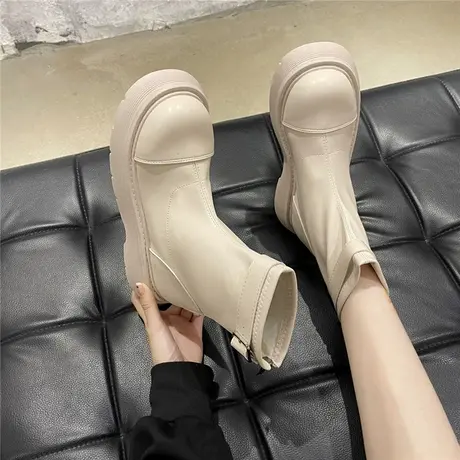 短靴女2023春秋新款黑色时尚帅气百搭厚底拉链皮带扣瘦瘦靴ins潮图片