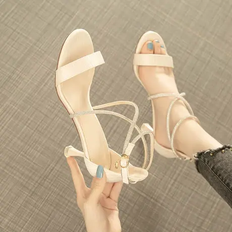 一字带细跟高跟鞋2024年夏新款中跟仙女风时装凉鞋女露趾水钻百搭商品大图
