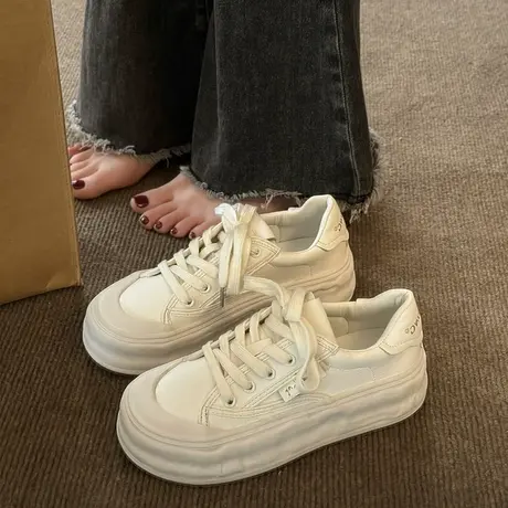 溶解小白鞋女2023年春季新款百搭系带休闲板鞋ins厚底增高饼干鞋图片