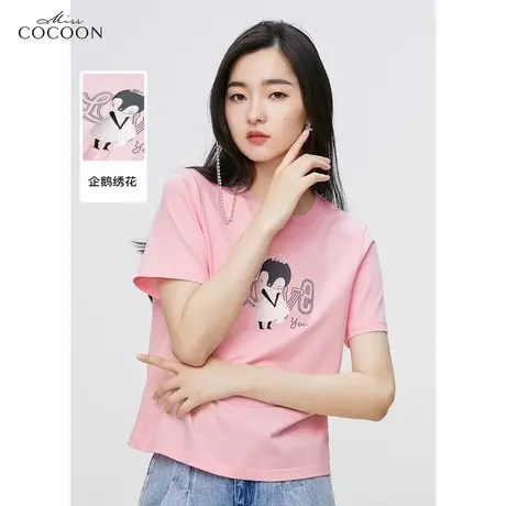 missCOCOON粉色刺绣短袖t恤女2023夏季新款宽松时尚纯棉体恤上衣商品大图