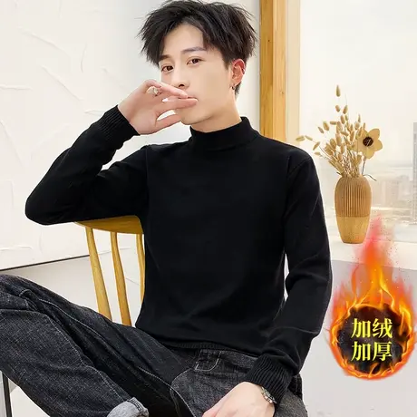 男士加绒毛衣半高领秋冬季百搭针织打底衫纯黑色中领线衣潮流男装商品大图