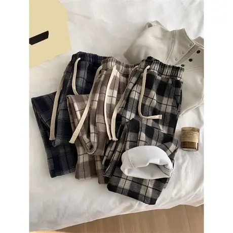 chic复古港味格子直筒裤女冬季加厚加绒高腰宽松休闲阔腿长裤潮图片