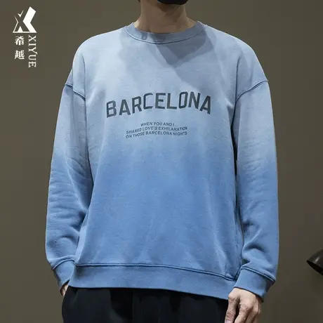 美式渐变水洗卫衣男复古潮牌秋冬款宽松加肥加大码男士套头打底衫图片