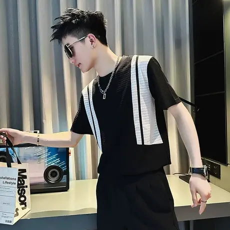 短袖男ins潮牌拼接冰丝T恤2023新款夏季男装个性潮流时尚薄款半袖商品大图