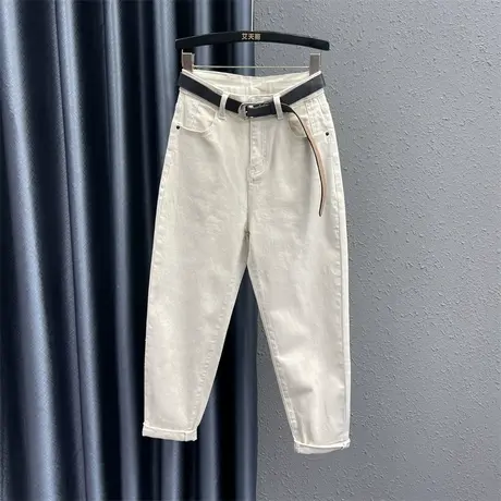 米白色牛仔老爹裤女2024春季新款高腰宽松显瘦百搭休闲小脚哈伦裤商品大图