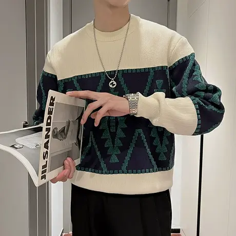 毛衣男冬季2023新款ins撞色几何提花针织打底衫轻熟加厚打底线衣商品大图