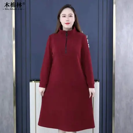 加肥加大宽松显瘦连衣裙春秋遮肉立领加绒加厚灯芯绒保暖红色裙子商品大图