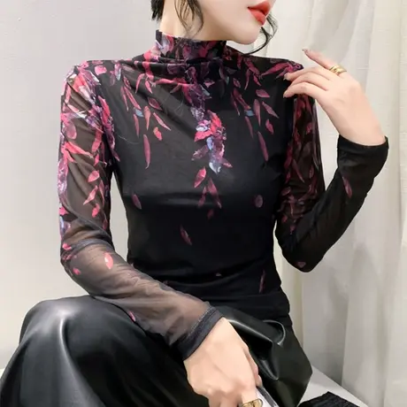 欧货女装秋冬新款T恤网纱印花洋气内塔上衣女修身长袖加绒打底衫商品大图