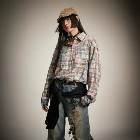 美式潮牌复古格子衬衫女2024年春季新款设计感上衣情侣装宽松衬衣商品大图