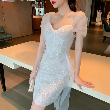轻奢小礼服平时可穿修身蕾丝白色连衣裙拼接网纱性感抹胸包臀裙子商品大图