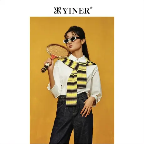 YINER音儿女装2022夏季白色7分袖前长后短衬衣翻领衬衫商品大图