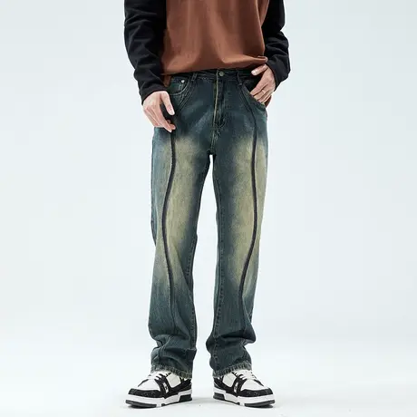 微喇牛仔裤男2023新款美式复古潮牌宽松休闲高个子大码直筒裤子男商品大图