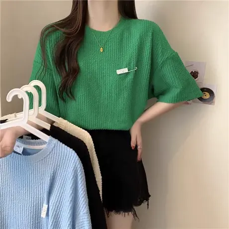 华夫格短袖T恤女夏装2024年新款宽松显瘦休闲百搭半袖打底衫体恤商品大图