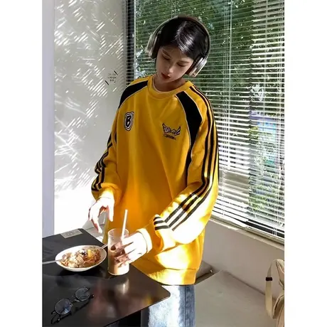 设计感撞色拼接三条杠卫衣女春秋薄款宽松慵懒风美式复古上衣潮牌图片