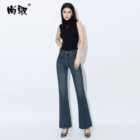 蓝色弹力高腰牛仔喇叭裤2024年春季新款显高显瘦微喇裤百搭女裤子图片