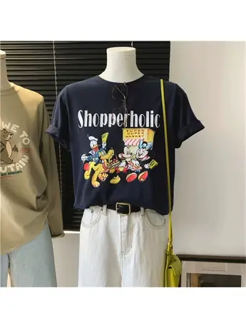 卡通印花字母时尚春季新款直筒微宽松合身圆领短袖女款T恤衫青春商品大图