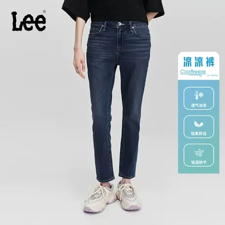 Lee商场同款24早春新品433修身高腰精玉透凉中蓝色女牛仔裤凉凉裤图片