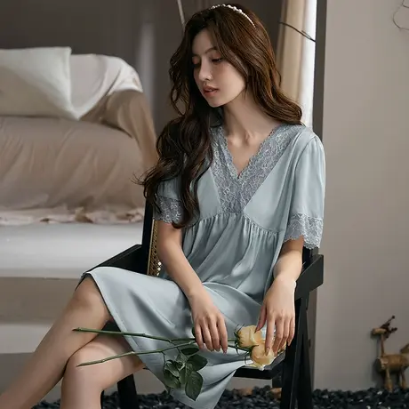睡裙女春夏冰丝睡衣大码可外穿蕾丝性感冰凉感丝绸家居服2024新款商品大图