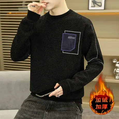 2023冬季加绒加厚男士毛衣雪尼尔修身圆领潮流针织衫保暖衣打底衫商品大图