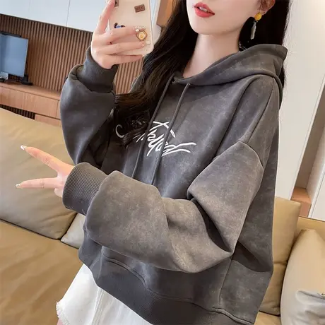 设计感小众水洗做旧卫衣女春秋季韩版宽松大码薄款渐变色扎染外套图片