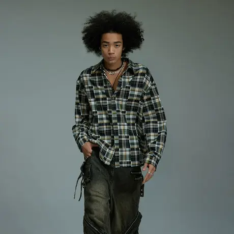 美式设计感街头潮牌格子衬衫男士春季新款情侣装复古宽松小众衬衣图片