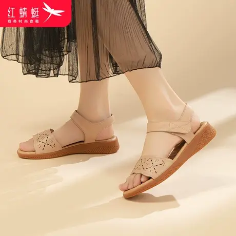 红蜻蜓女凉鞋2024夏季新款平底舒适休闲百搭外穿透气魔术贴凉鞋女商品大图