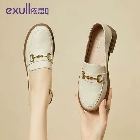 exull/依思Q乐福鞋女2024春季新款白色一脚蹬英伦风复古小皮鞋商品大图