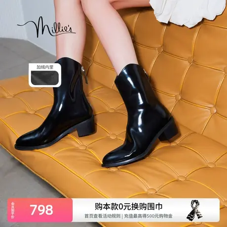 妙丽冬季新款时尚弹力瘦瘦靴加绒粗跟时装靴女靴L6001DZ3商品大图