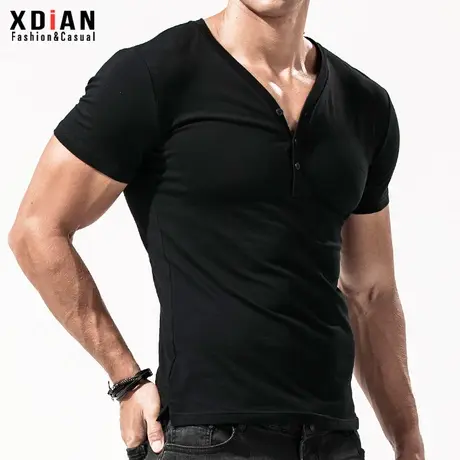 大V领T恤男短袖纯棉修身紧身纯色体桖上衣服男深V低领半袖打底衫商品大图