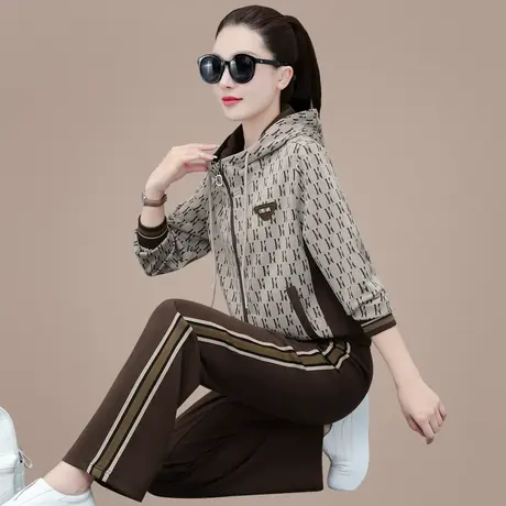 休闲时尚套装女春秋季时髦洋气中老年妈妈装连帽外套直筒裤两件套商品大图