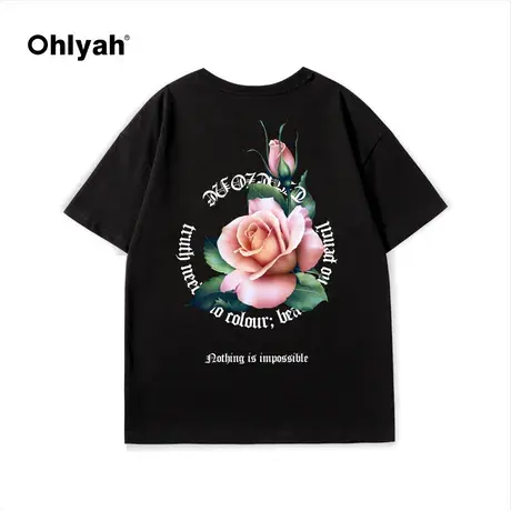 Ohlyah美式复古高街中性风花卉短袖T恤男女同款潮牌vibe情侣半袖商品大图