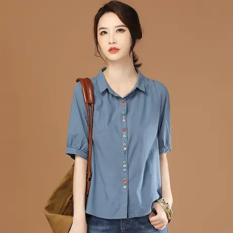 韩潮袭人高级感休闲纯色短袖衬衣夏季新款女士衬衫设计感小众上衣商品大图