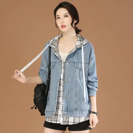 韩潮袭人假两件格子连帽中长款牛仔外套女2023秋季新款休闲棒球服图片