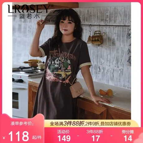 蓝若水大码宽松休闲胖MM夏季新款设计感印花遮肚子显瘦直筒连衣裙图片