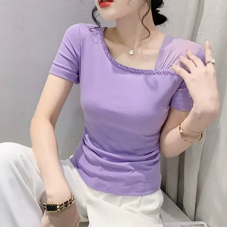 欧货性感T恤女短袖网纱拼接小衫修身斜领体恤时尚设计感钉珠上衣商品大图