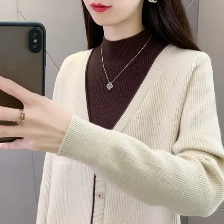 半高领2022秋冬新款假两件冬季洋气针织衫加厚宽松毛衣内搭上衣女图片