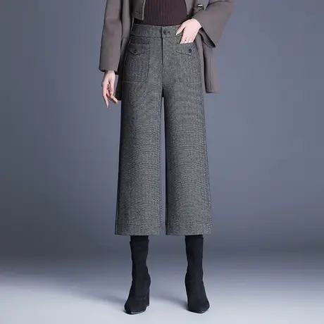 毛呢阔腿裤女韩版高腰宽松垂坠感九分裤2023秋冬新款人字纹休闲裤商品大图