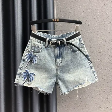 2023夏季新款浅蓝色刺绣设计感宽松显瘦牛仔短裤女高腰阔腿裤热裤商品大图