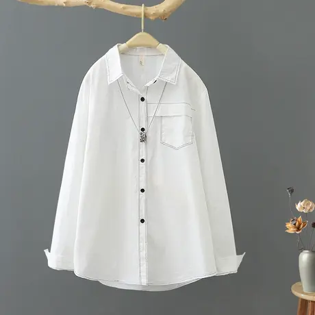白色纯棉短款衬衫女春装新款长袖上衣设计感小众休闲翻领打底衬衣图片