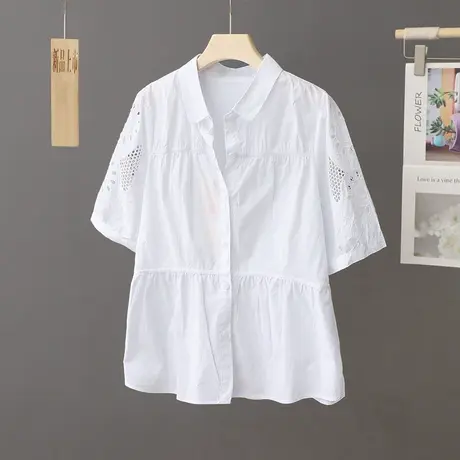 夏装新款纯棉文艺短袖白衬衫女刺绣镂空女装宽松上衣洋气百搭衬衣商品大图