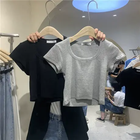 短袖t恤女2021夏季新款基础款百搭U领短款露脐修身显瘦打底衫上衣图片