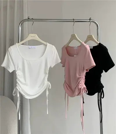 纯欲风显胸挖肩小众上衣设计感抽绳短款短袖t恤女2023夏装新款潮商品大图