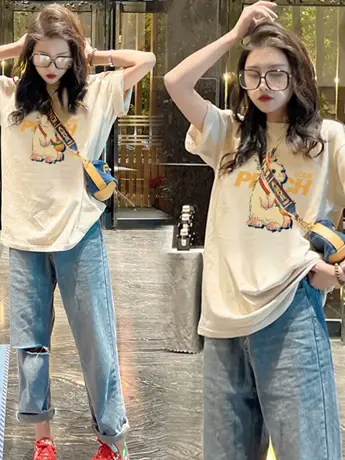 正肩仿棉短袖t恤女2023年新款欧货夏季美式高街港味chic潮牌上衣图片