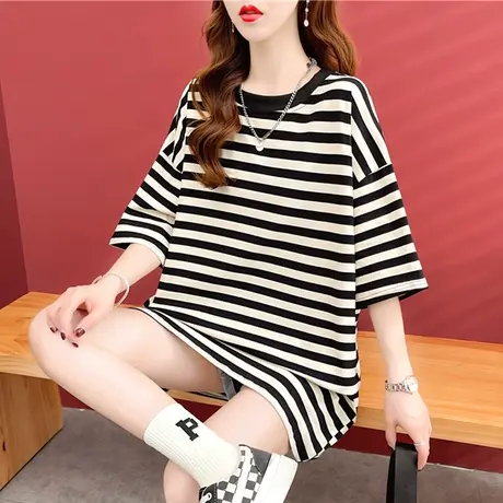 纯棉短袖t恤女夏季韩版宽松大码中长款下衣失踪条纹半袖上衣服潮图片