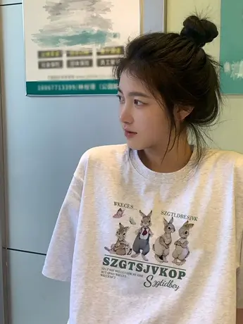 白灰色纯棉短袖t恤女美式复古小众设计感夏季韩版宽松原宿风上衣图片